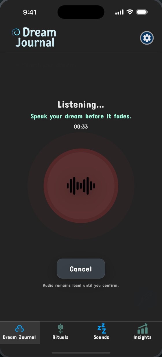 Morpheus AI voice capture screen — “Listening… Speak your dream before it fades”